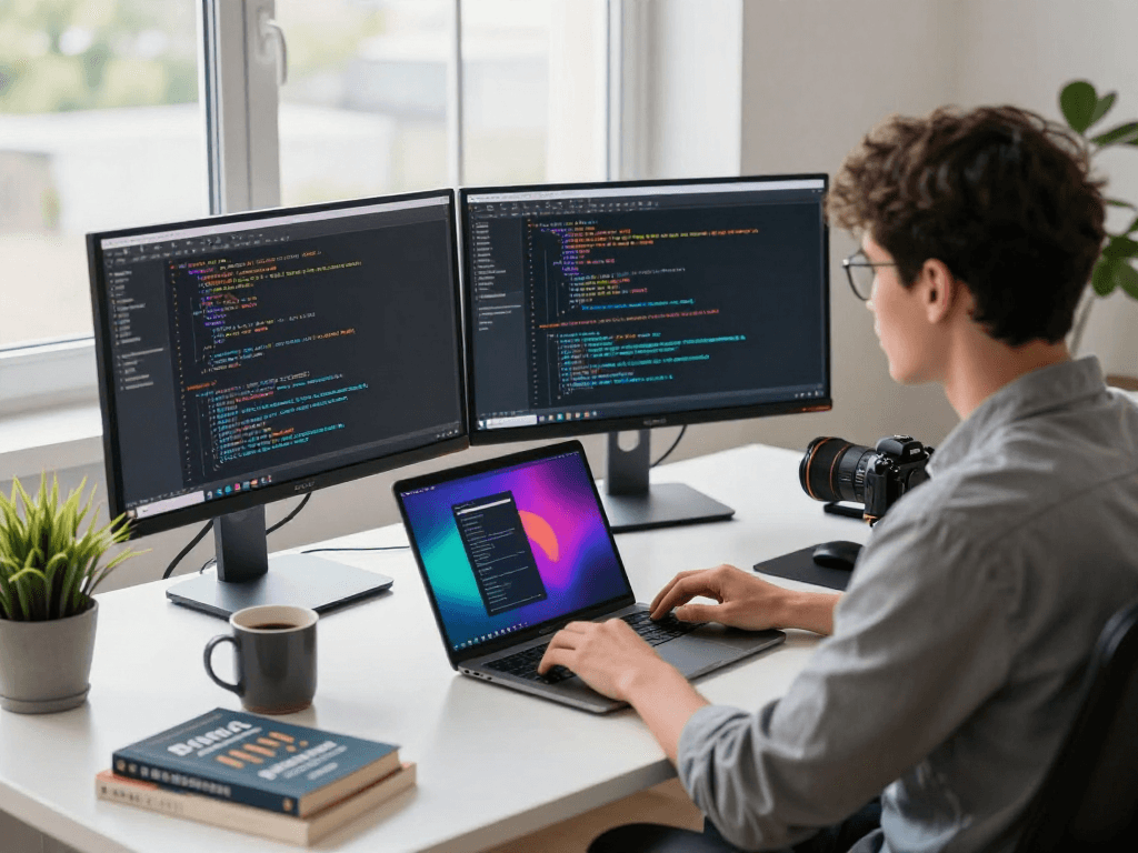 Engaged developer coding on dual monitors, showcasing spicychat software innovation.