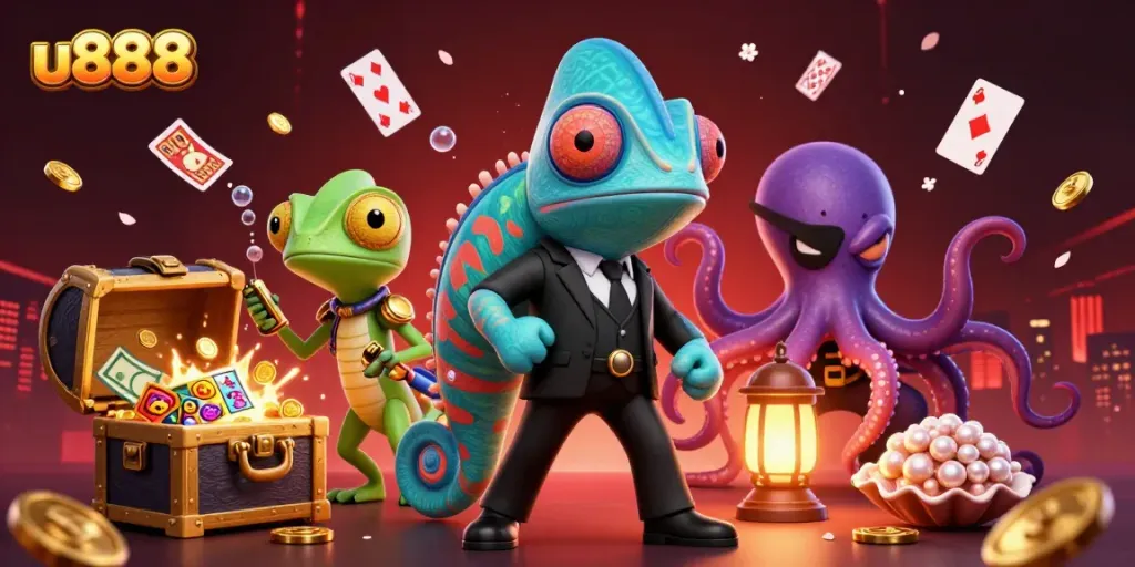 Experience thrilling wins at u888 with vibrant symbols and characters in a dynamic casino scene.