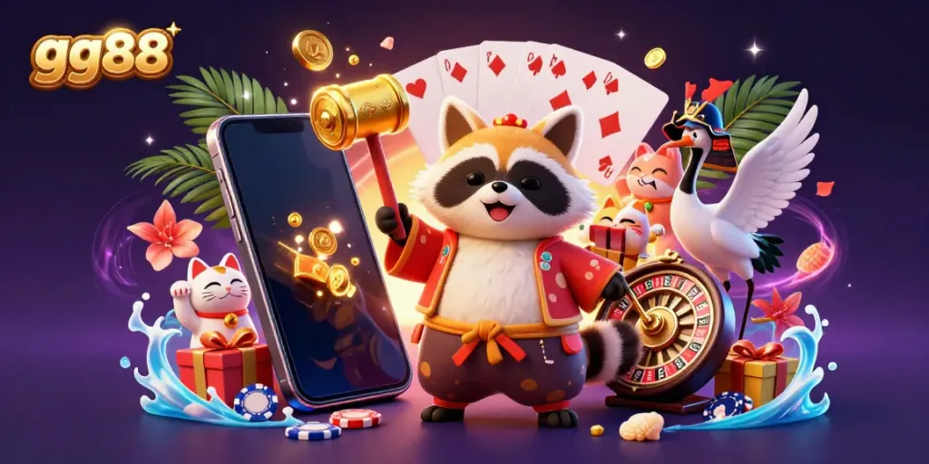 Celebrate winnings with gg88 as cheerful tanuki and samurai crane reveal dynamic casino elements in a vivid digital illustration.