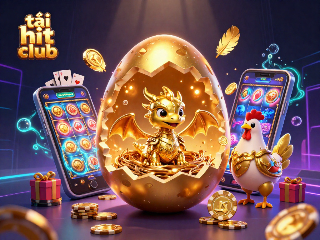 Experience the excitement of tải hit club with a golden dragon and dynamic casino elements in 3D illustration.