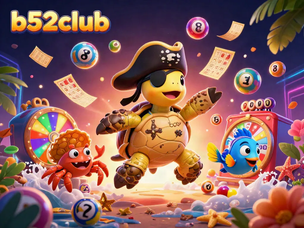 Engage with b52club's thrilling gaming scene featuring vibrant lotto elements and a pirate turtle.