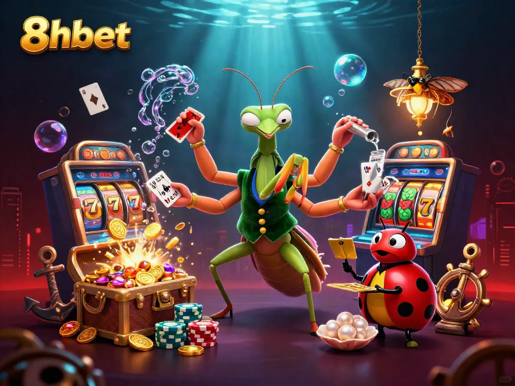Experience thrilling gameplay at 8xbet with multiple casino games swirling around vibrant characters.