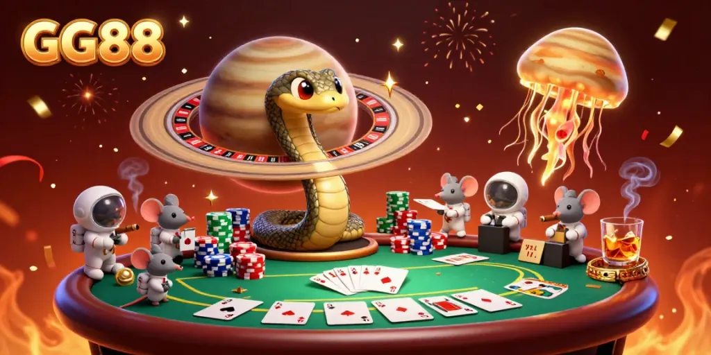 Celebrate big wins at GG88 with a cosmic roulette wheel and animated characters, embodying the thrill of online gambling.