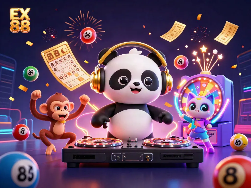 Experience the thrills of EX 88 with a vibrant 3D casino illustration featuring a DJ panda and dancing characters.