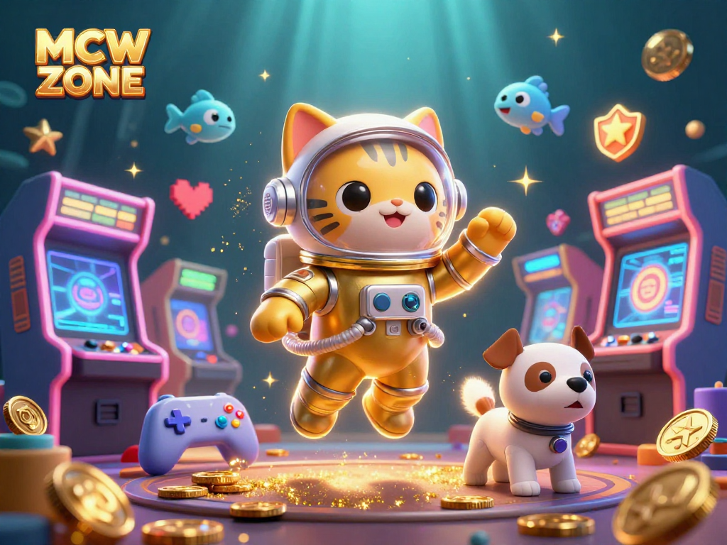 Engage with MCW ZONE in this vibrant casino scene featuring a unique golden astronaut cat and dog.