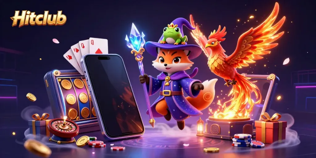 Engage in thrilling adventures with Hitclub, featuring a mystical fox and a phoenix amidst a vibrant casino setting.