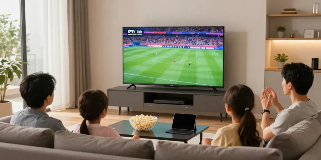 Family enjoying IPTV Italia in a cozy living room with a sports game on TV.