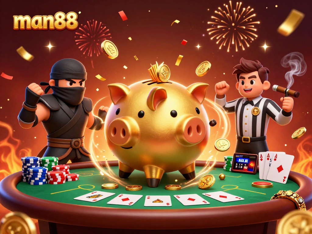 Experience excitement at man88 as a golden piggy bank sumo wrestler wins poker against a wallet-ninja!
