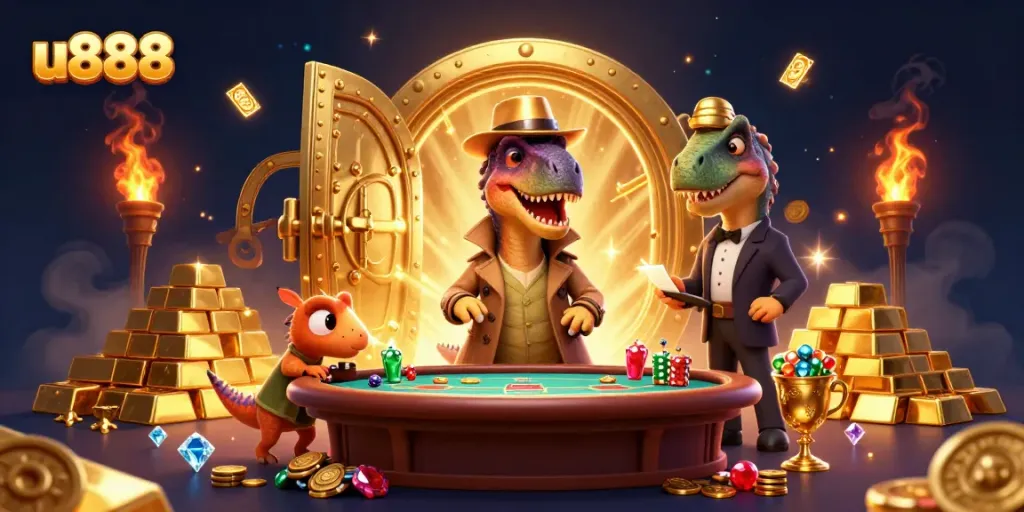 Experience thrilling wins with u888 as a velociraptor card counter navigates a vibrant casino scene.