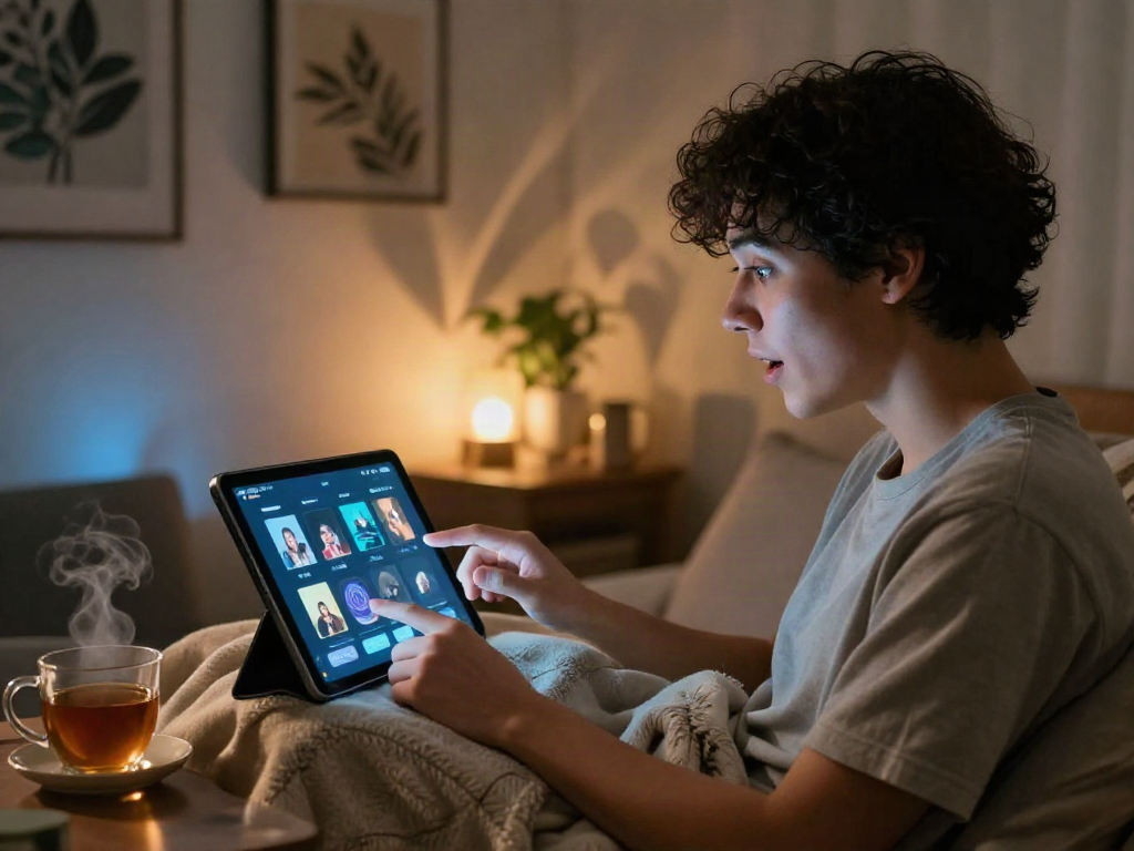 Engaging in an ai nsfw chat in a cozy, ambient room setting with virtual AI interface.