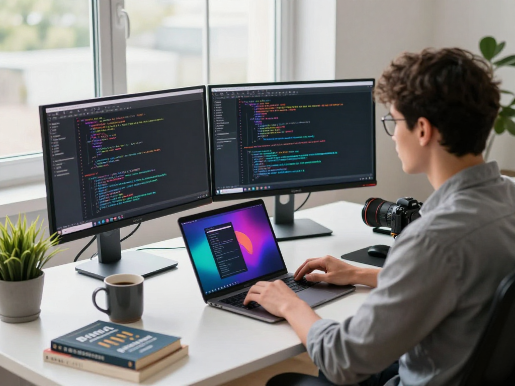 Engaged developer coding on dual monitors, showcasing spicychat software innovation.