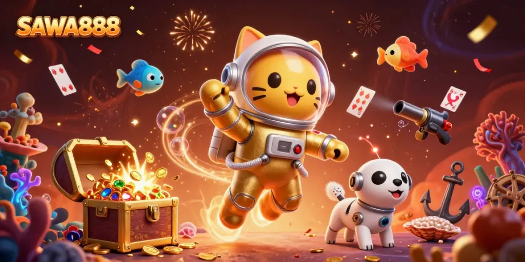 Engage with SAWA888 adventures in a colorful 3D cat astronaut scene with dynamic casino elements.