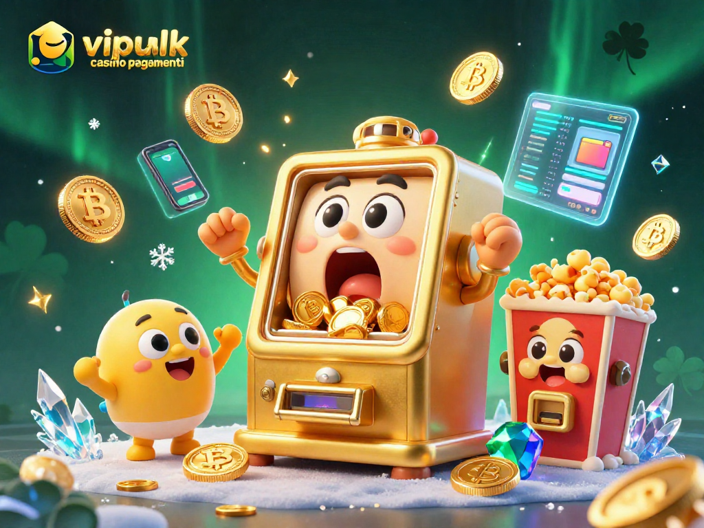 Vipluck casino pagamenti: slot machine d'oro sorprende con una vincita mentre i gettoni volano e la cripto illumina la scena.