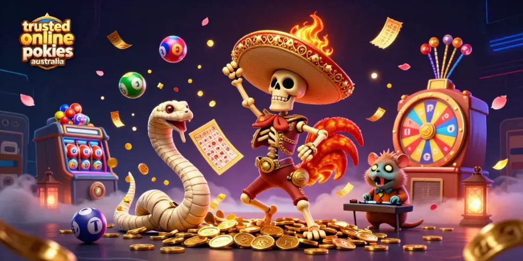 Capture the excitement of trusted online pokies australia with vibrant characters dancing amidst golden coins and dynamic gaming elements.