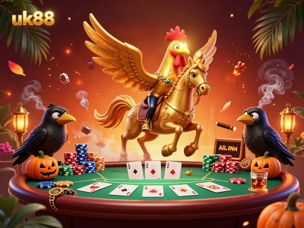 Experience exhilarating poker action at uk88 with golden rooster characters in a vibrant casino scene.