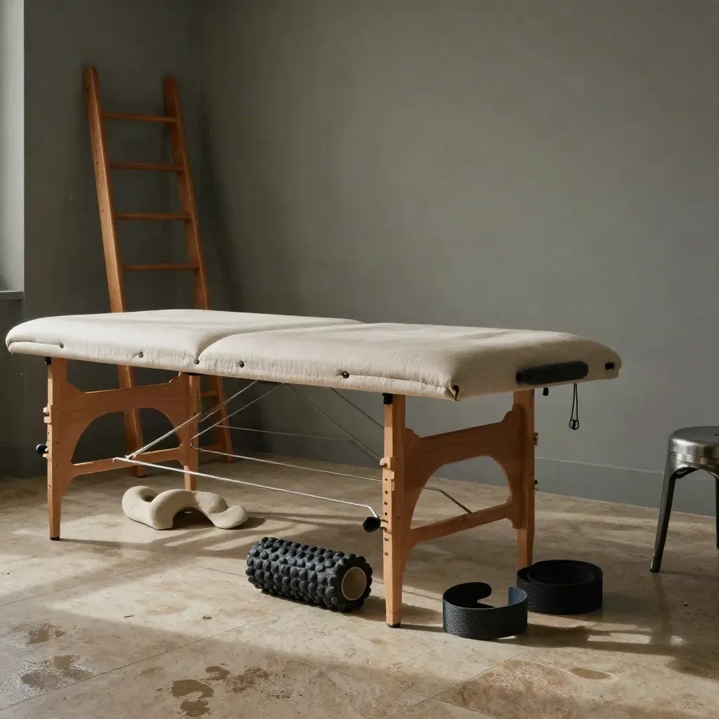 Sala fisioterapica vuota con lettino in lino, spalliera in legno e luce radente dopo la pioggia.