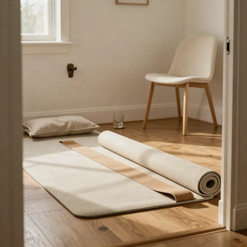 Angolo domestico per stretching con tappetino, cinghia, sedia e parete chiara.