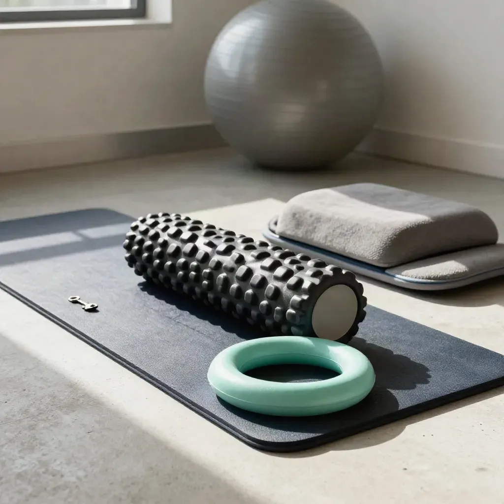 Angolo riabilitativo per la schiena con tappetino, foam roller, fascia mint e cuscino lombare.