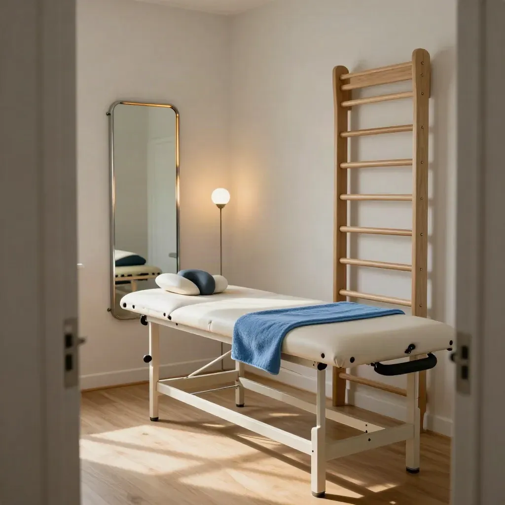 Sala fisioterapica preparata per valutazione del dolore con lettino, specchio, balance pad e spalliera.