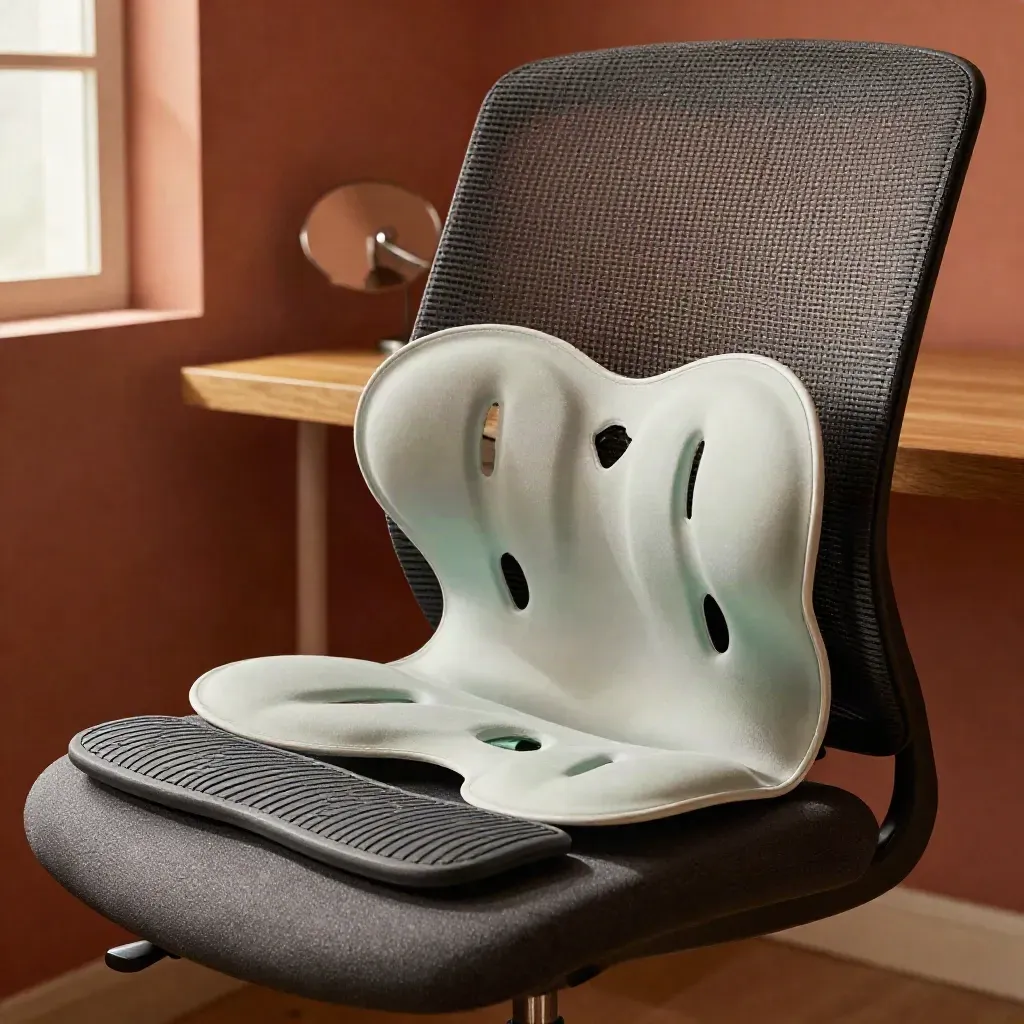 Sedia ergonomica con supporto lombare mint, poggiapiedi e specchio laterale in luce calda.