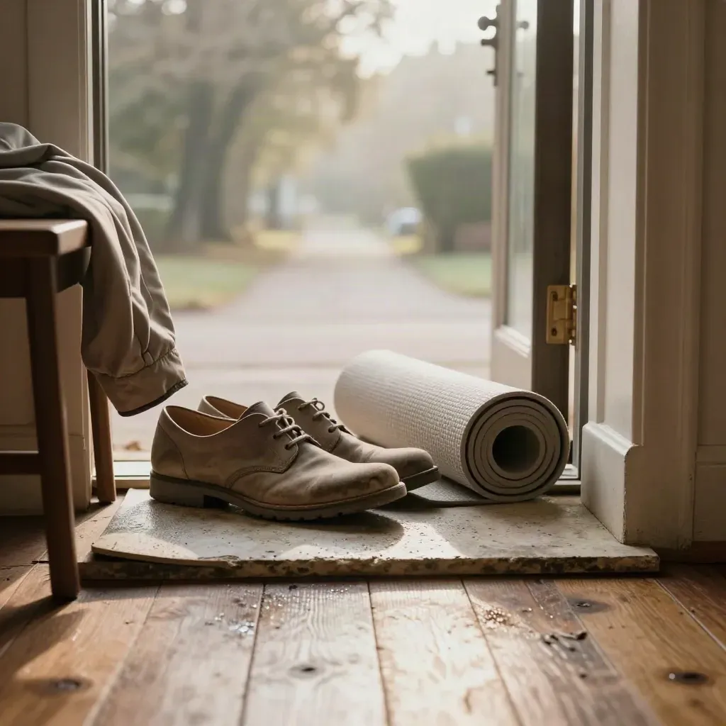 Ingresso domestico con scarpe da cammino, giacca leggera, tappetino arrotolato e porta aperta nel mattino.