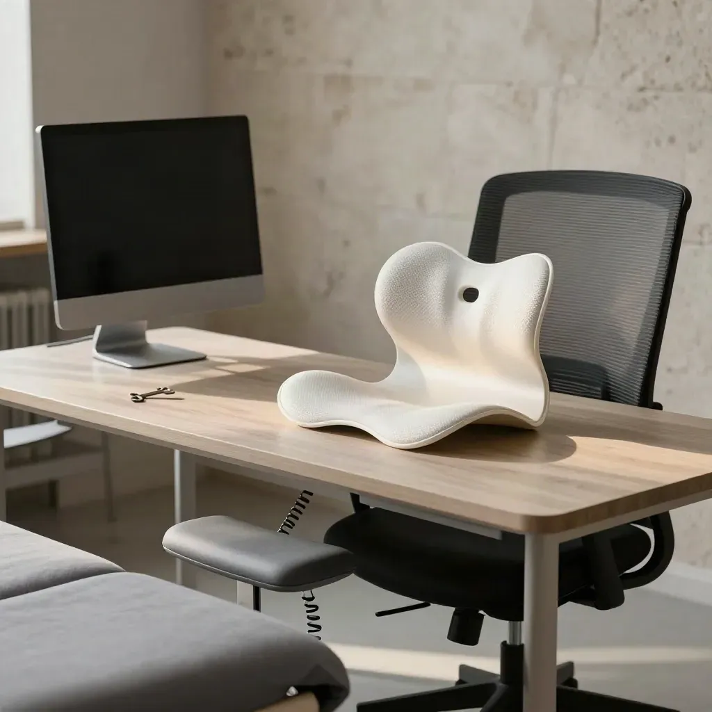 Postazione ergonomica con monitor spento, supporto lombare e poggiapiedi in ufficio calmo.