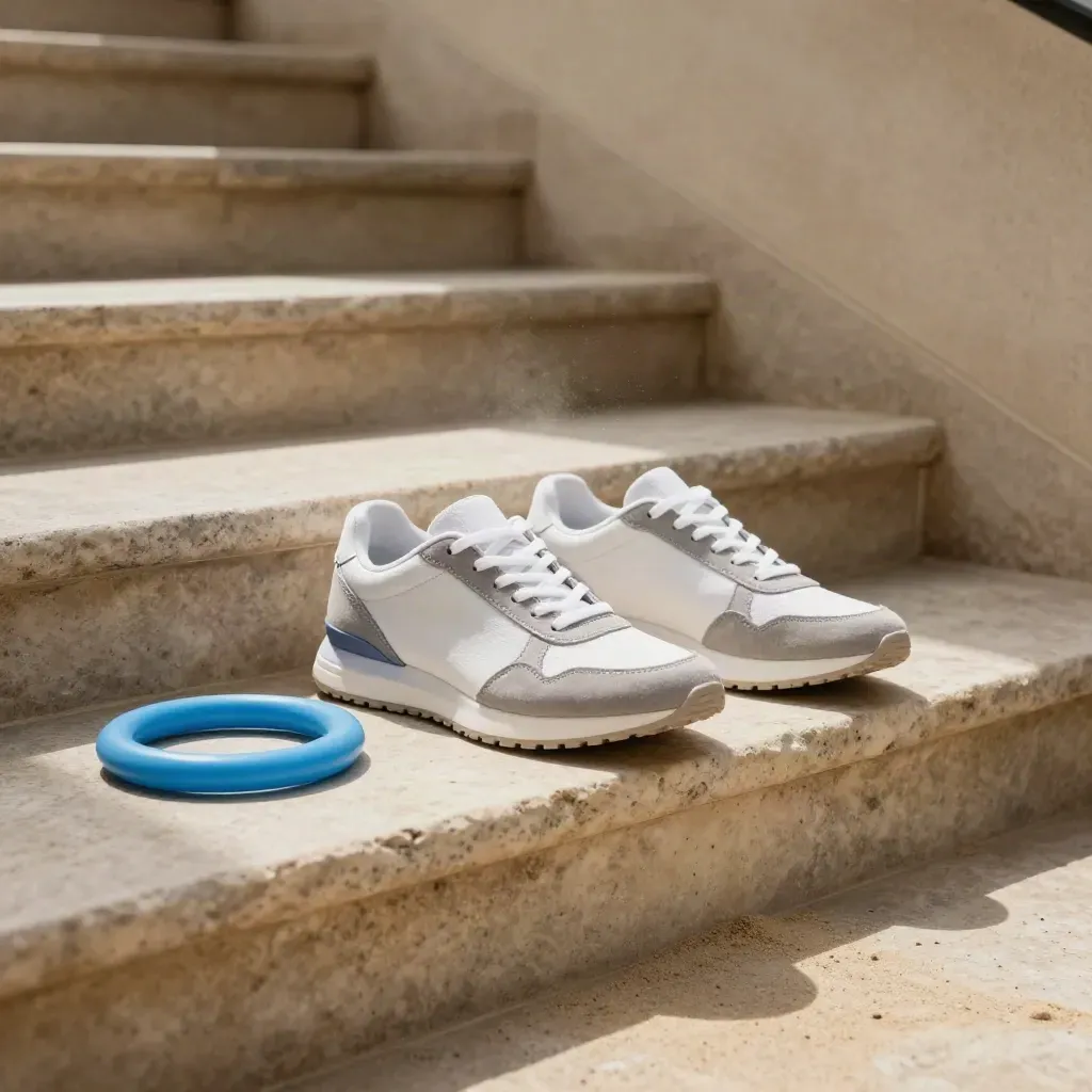 Scale in pietra con sneaker stabili e anello elastico azzurro, ripresi dal basso in diagonale.
