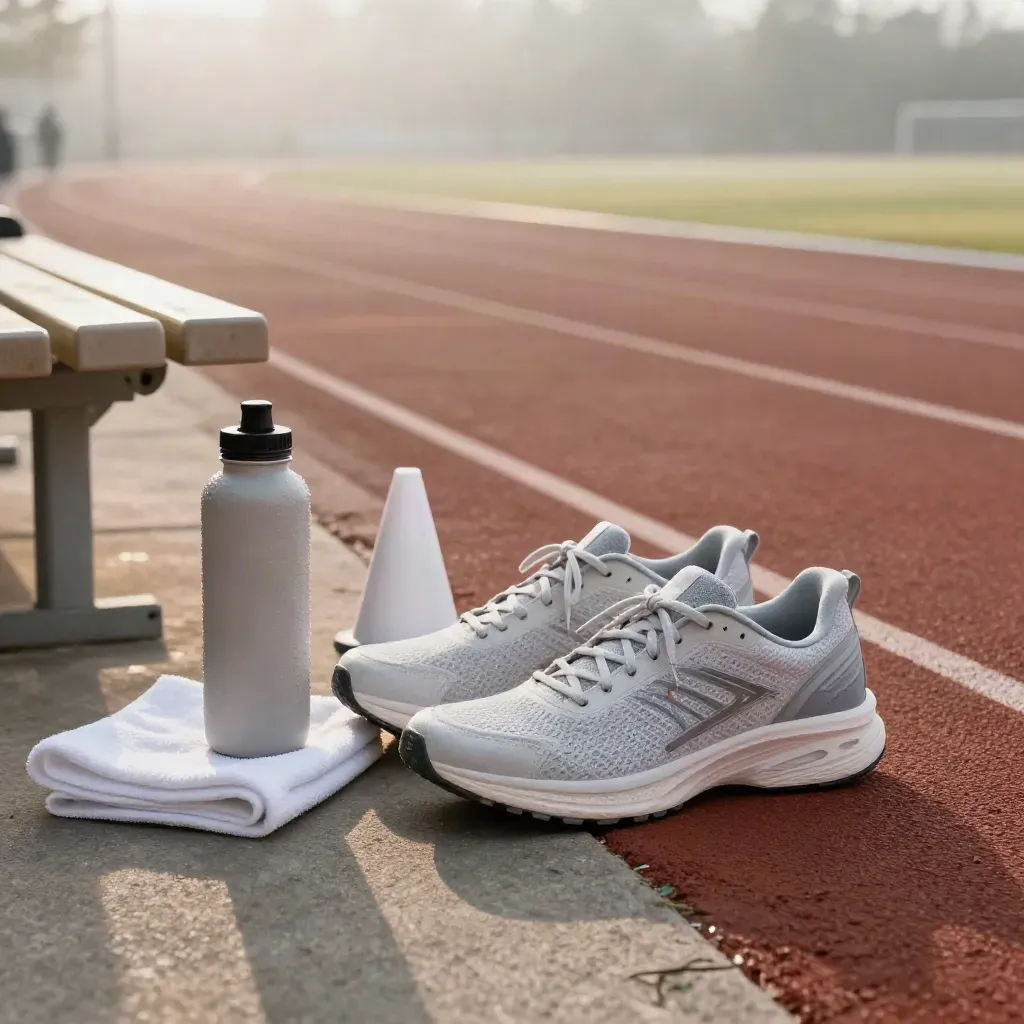 Kit da corsa pronto sulla pista all’alba, con scarpe, borraccia, asciugamano e cono su panchina.
