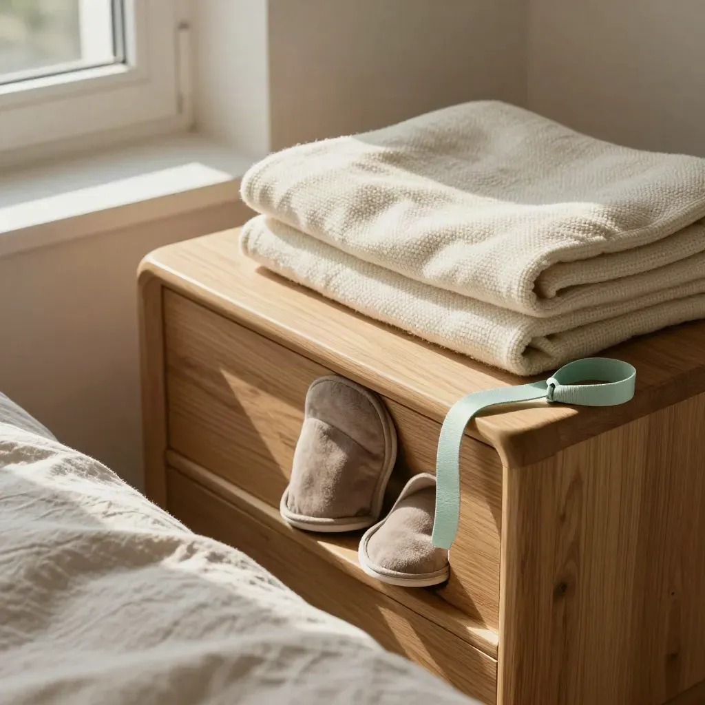 Comodino essenziale con pantofole, cinghia, coperta piegata e luce del mattino.