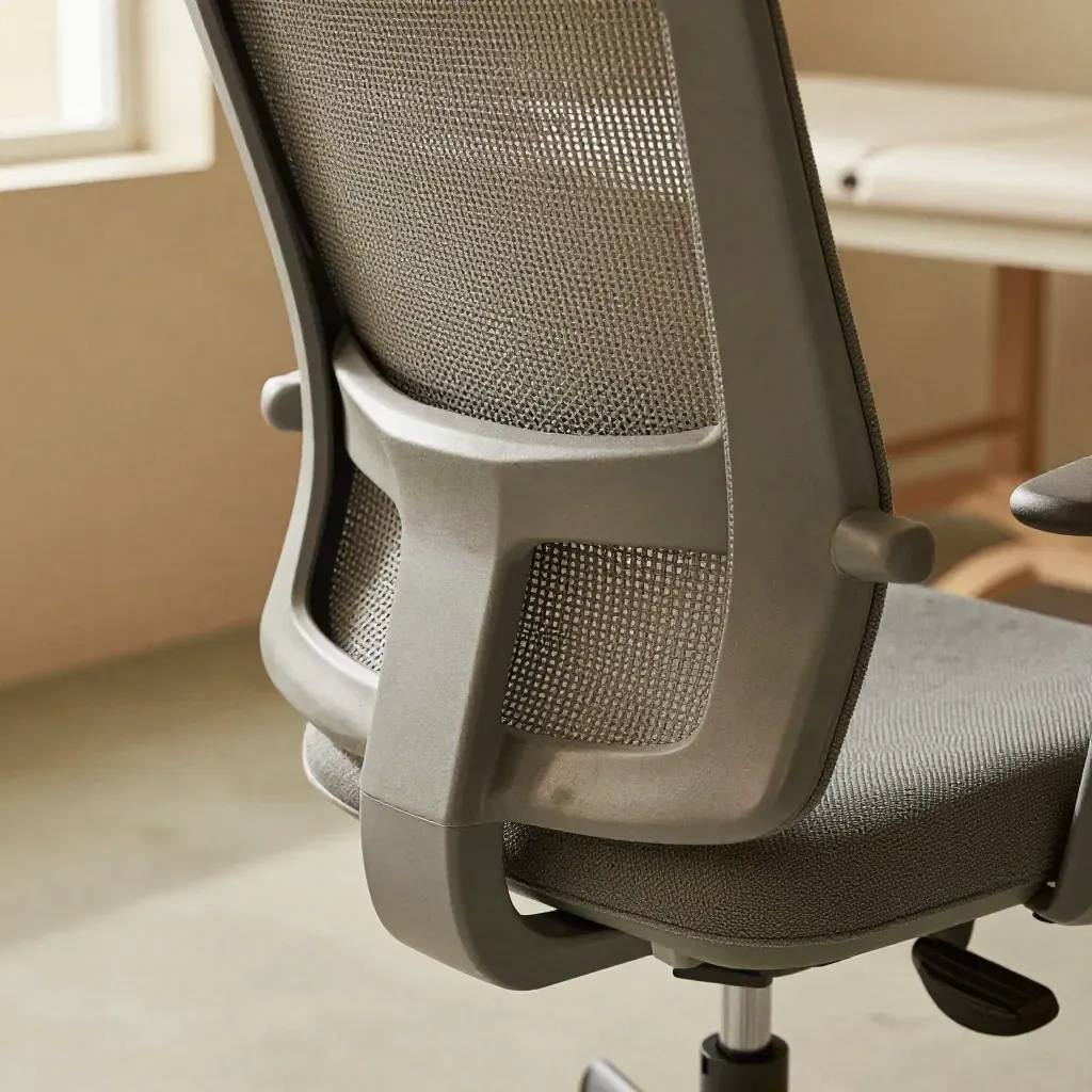 Dettaglio ravvicinato di sedia ergonomica, supporto lombare, cuneo da seduta e poggiapiedi testurizzato.