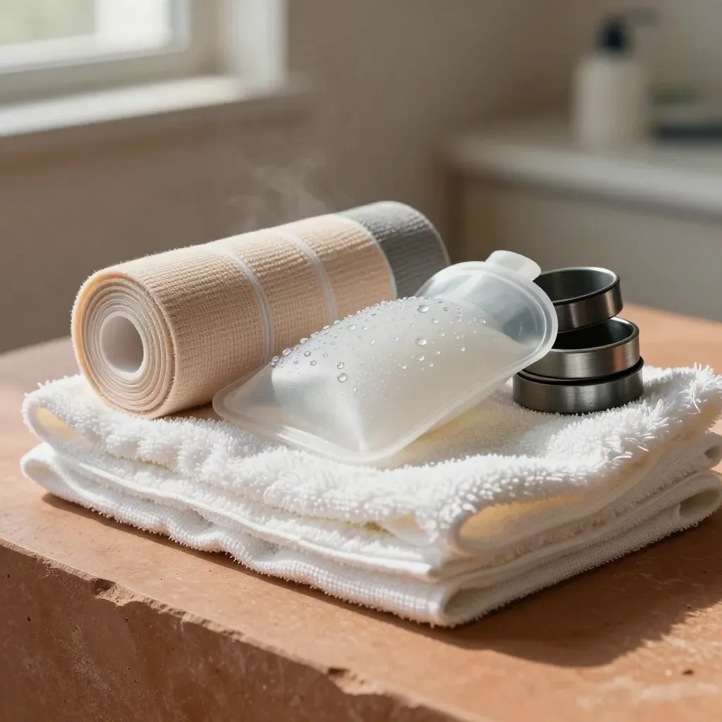 Kit di recupero con fasce compresse, gel pack e asciugamani su superficie in terracotta