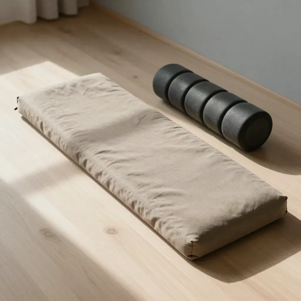 Cuscini neutri, balance pad e rullo su legno chiaro per l’ascolto iniziale del corpo.
