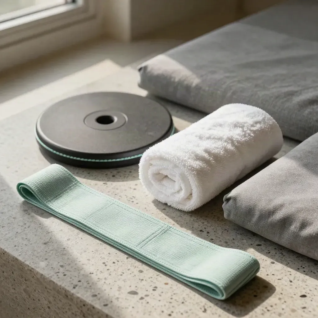 Kit di controllo fisioterapico con disco di equilibrio, fascia e cuscini su pietra chiara.