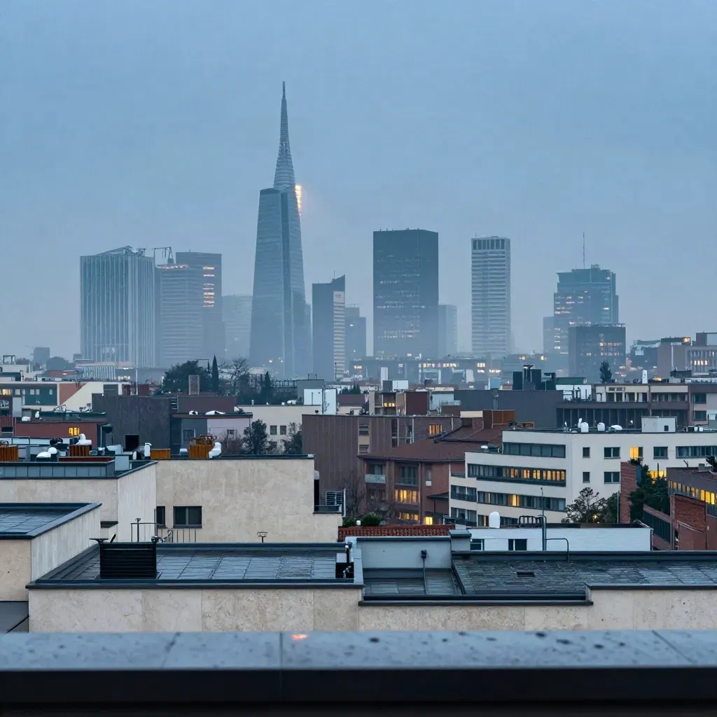 Skyline di Milano al blue hour con Porta Nuova in alto e tetti sfumati sotto la foschia.