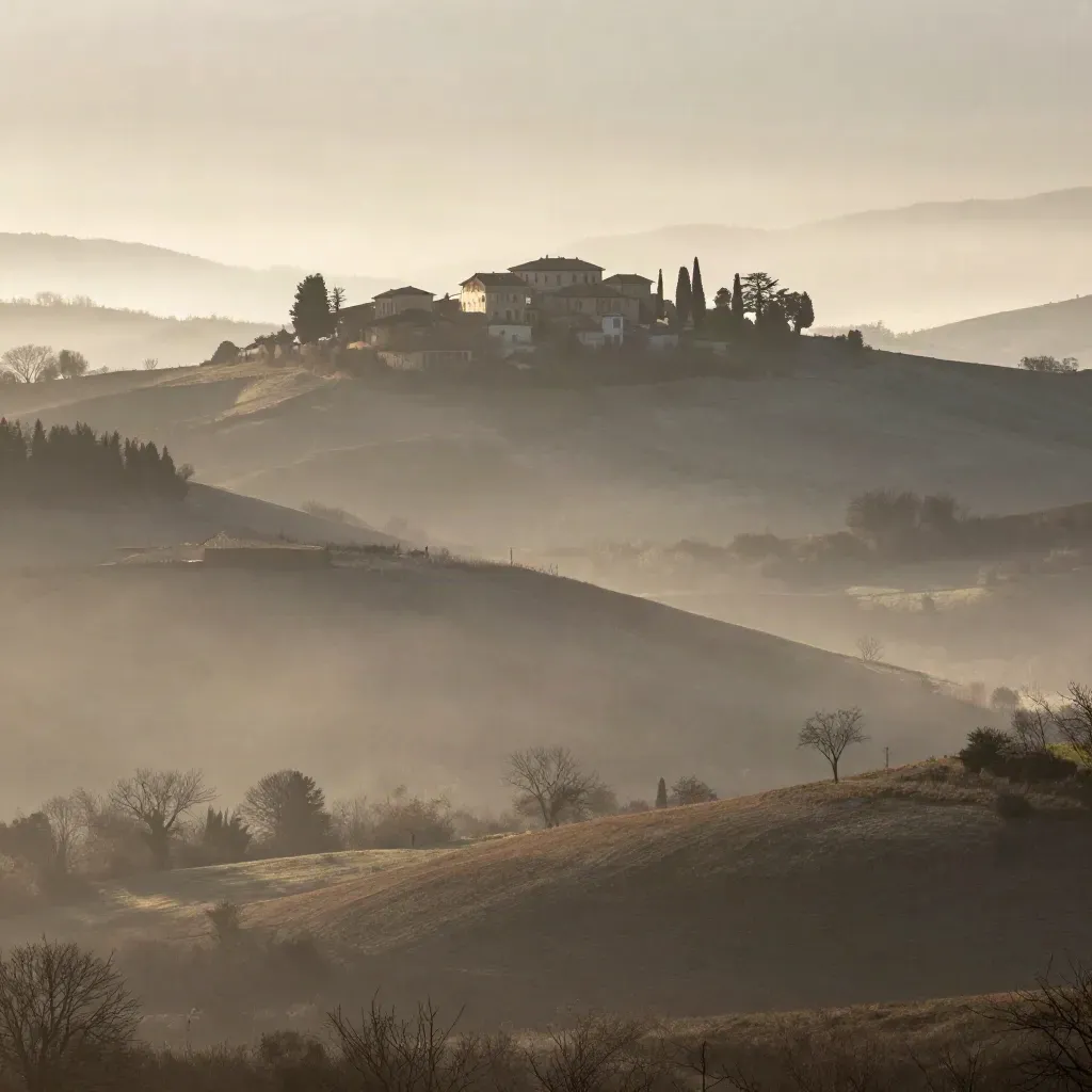 Colline della Brianza nella bruma, tetti di villa e cipressi emergono sopra la nebbia.