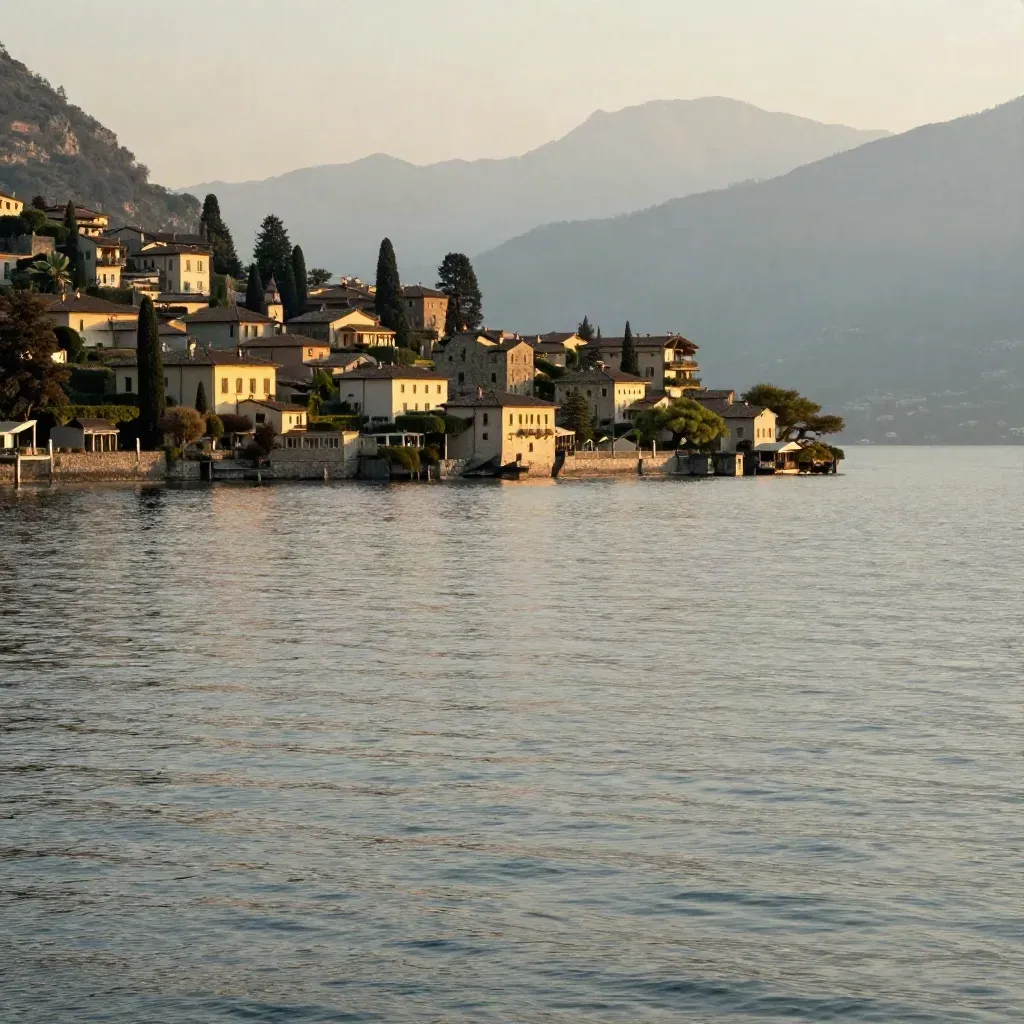 Veduta del Lago di Como al tramonto, borgo alto e lago calmo in foschia.