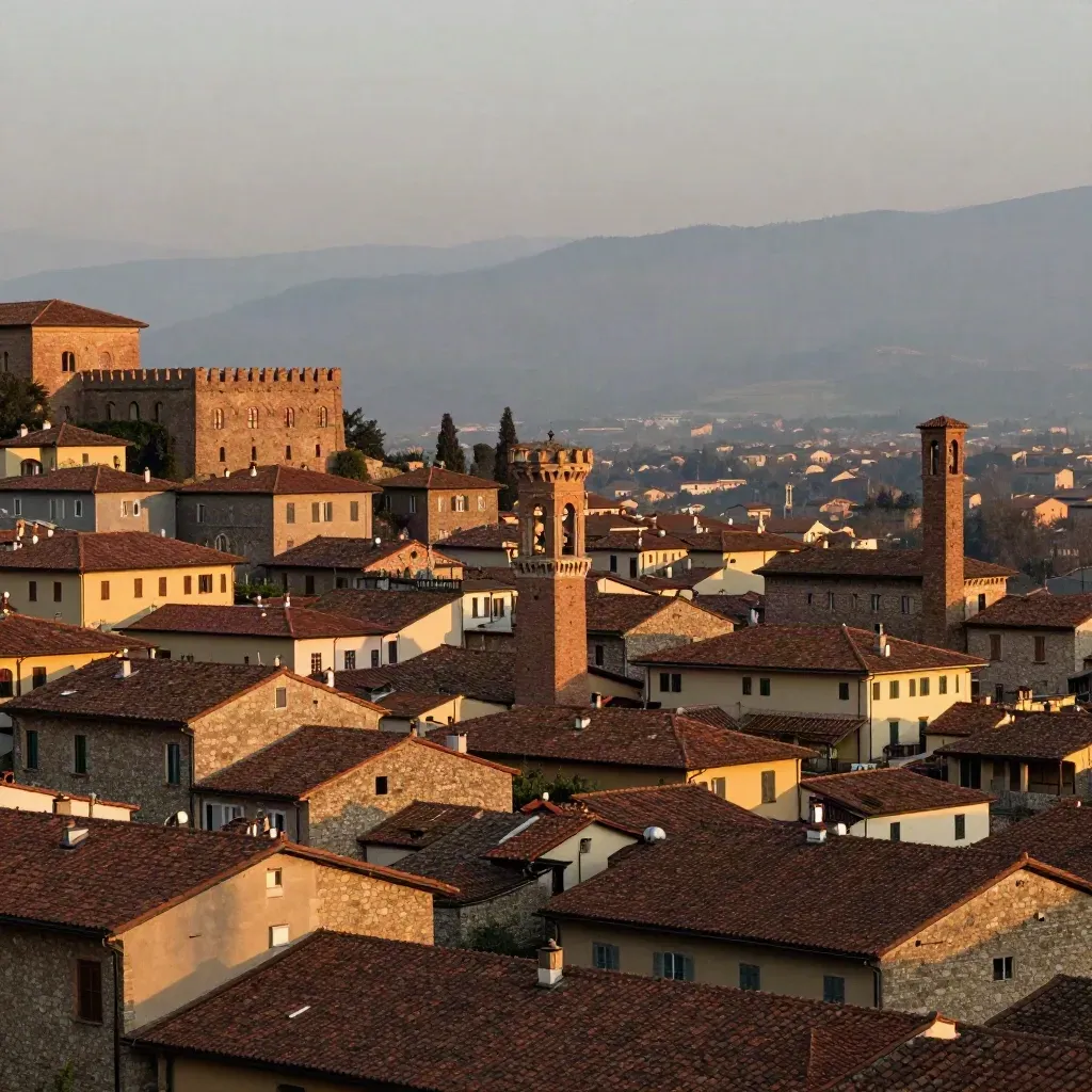 Bergamo Alta al tramonto con tetti in terracotta e foschia morbida sulla valle