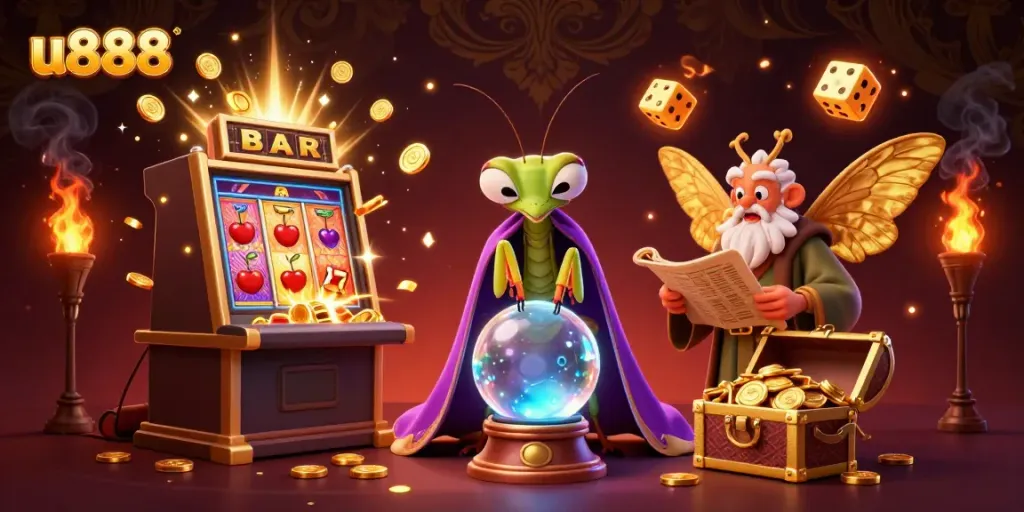 Experience thrilling moments at u888 with an enchanting casino scene featuring vibrant slot machines and mystical characters.