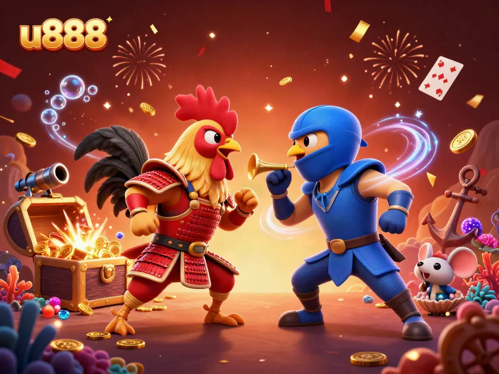 Engage with u888 gameplay dynamics featuring 3D cartoon roosters clashing in a casino-themed battle.