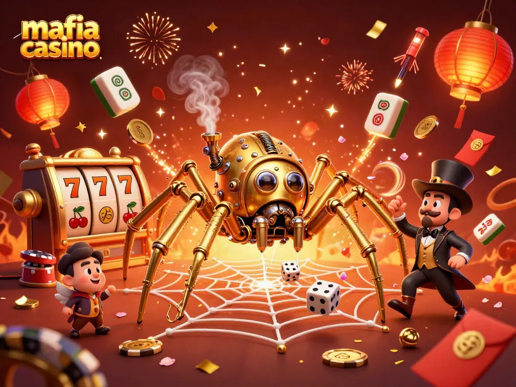 Mafia casino themed digital illustration showcasing a steampunk golden spider and Victorian fly amidst vibrant casino elements.
