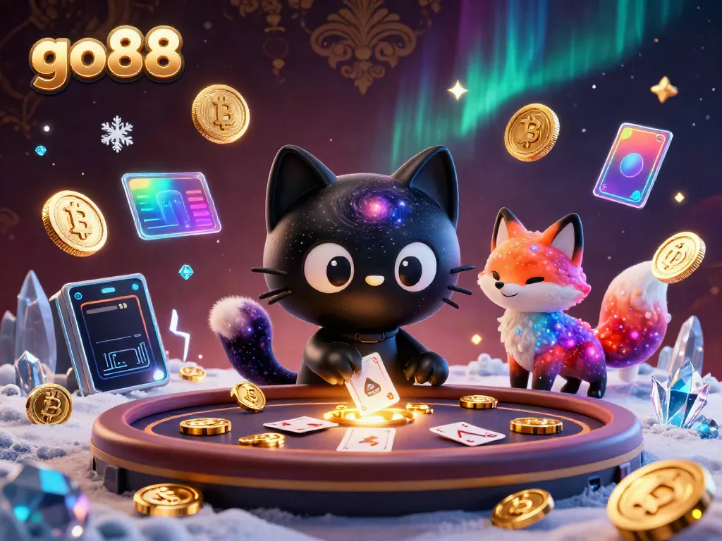 Winning gold chips with go88 in a cosmic casino illustrated scene featuring a black hole cat and vibrant elements.