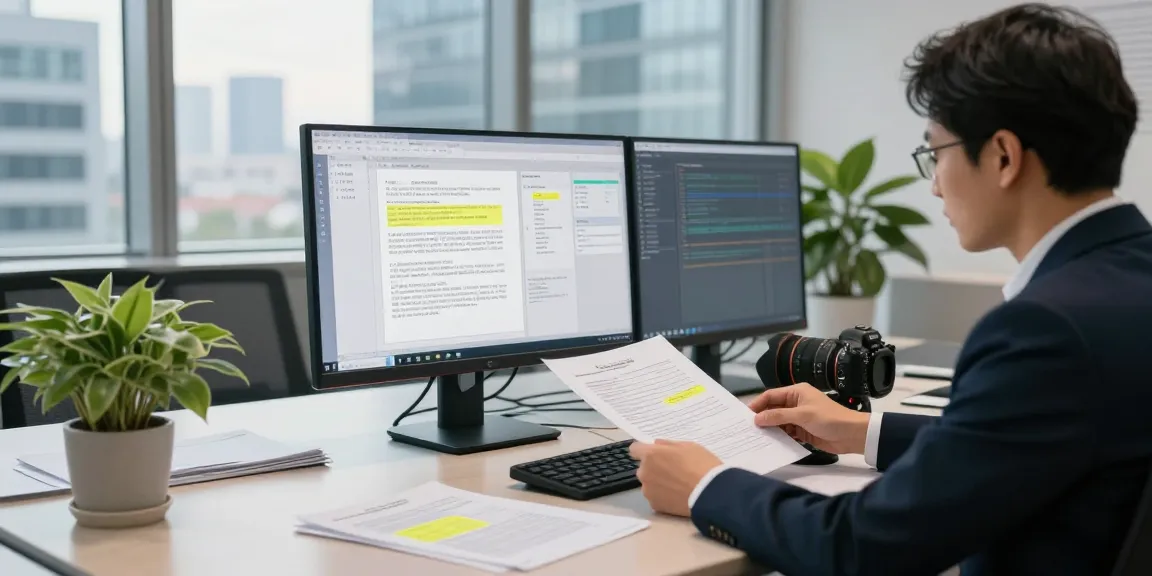 Office scene showcasing document fraud detection analysis with a compliance officer reviewing digital documents.
