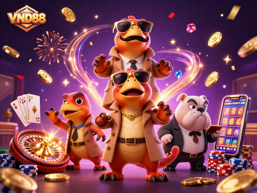Experience the thrill of VND88 as raptors in disguise enter a casino lounge with vibrant game elements.