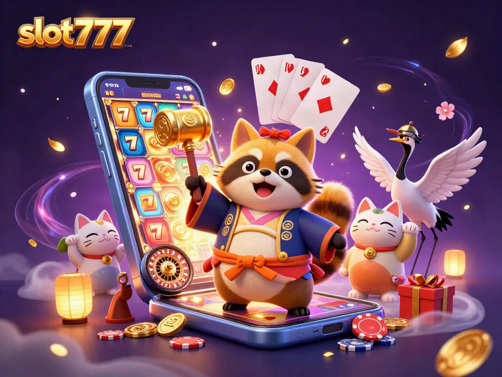 Play exciting slot777 games with a cheerful tanuki and colorful characters in a rich 3D casino scene.