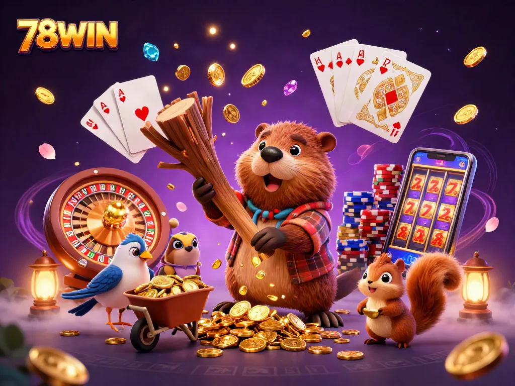 Experience excitement at 78WIN with a beaver cutting a tree raining coins and vibrant casino elements.
